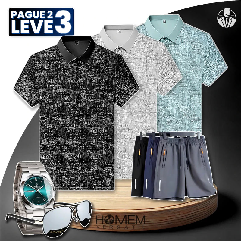 [Pague 2, Leve 3] Kit de Camisas Polo Vex Texturizada de Seda Gelo + BRINDES: 3 Bermudas, Relógio e Óculos